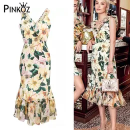 Sommerkleid für Frauen, Boho-Rosen-Blumendruck, gelbes Blumenmuster, ärmellos, gerüscht, Meerjungfrau-Midi-Kleider, schicker England-Stil, 210421