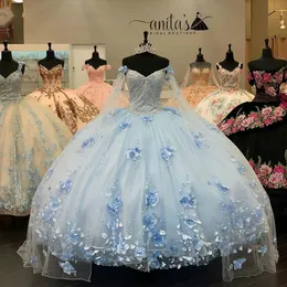 Fiori fatti a mano Appliques Pizzo Quinceanera Abiti con mantello azzurro con lacci Nastri Sweet 16 Prom Dress vestidos de 15 a￱os