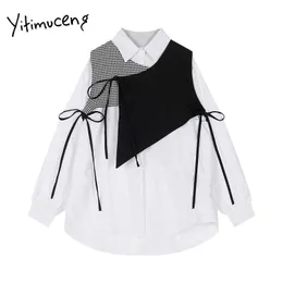 Yitimuceng Plaid Bow Lace Up Blouse Women Button Shirts Loose Spring Fashion Clothes Turn-down Collar Single Breasted Tops 210601