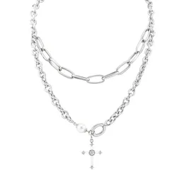 Hängsmycke Halsband Lätt Luxury Punk Creative Pearl Stainless Steel Double Chain Stitching Zircon Cross