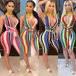Kobiety Letnie Pretsuits Sexy V-Neck Sashes Striped Print Fitness Rompers Night Club Party Jumpsuits Outfit GL8435 211116