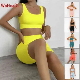 Wohuadi Summer Shorts Yoga Set Kvinnor Fitness Gym Kläder Träning Stripe Sport Bra Leggings Tight Running Sportswear 210802