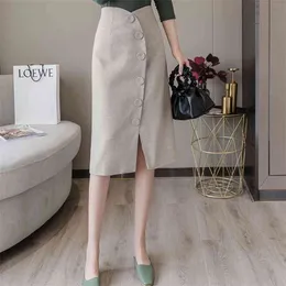 Ankomst Höst Korea Mode Kvinnor Hög midja Singelbröst Asymmetrisk Långkjol Elegant Slim Ol Kjolar S290 210512