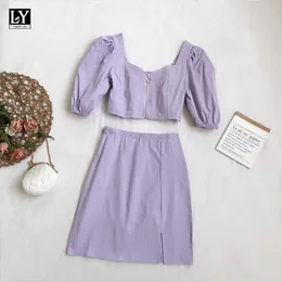 Ly Varey Lin Summer Women Two Piece Set Fashion Puff Sleeve Square Neck Short Tops + Sexy Split Mini Skirts 210526