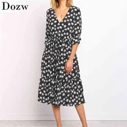 Elegante vestido preto mulheres vintage cópia floral v decote partido casual manga longa uma linha outono faixas midi es vestidos 210515