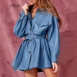 Blue PU Skórzana krótka sukienka z pasem Kobiety Oversized Streetwear Kurtka Pojedyncza Breasted Black Punk Faux Soft 210430