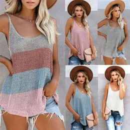 Moda Crochet Color Block Luźne dzianiny Cami V-Neck Tank Tops Bez Rękawów Kamizelka Damska Nosić Swimsuit Swimsuit Cover Up Tunika 210625