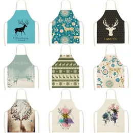 Boże Narodzenie Elk Drukowane Wzór Kuchenny Fartuchy Poliester Dla Kobiet Dom Gotowanie Czyszczenie Pieczenia Waist Bibs Pinafore 68x55cm