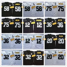 Football Jerseys 12 Terry Bradshaw 20 Rocky Bleier 32 Franco Harris 36 Jerome Bettis 58 Jack Lambert 75 Joe Greene White Black Home Away Jersey