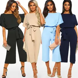 Womens Jumpsuits Round Neck Short Sleeve Loose Capri-Pants Rompers Casual Wear