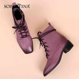 SOPHITINA Winter Purple Martin Ankle Boots Woman Genuine Leather Zipper Lace Up Square Toe Sewing Med Chunky Heel Shoe PC866 210513