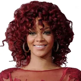 Hot Selling Fashion Bob Curly Hair Short Rihhna Wine Red Wavy Wig Simulation Brasilian Human Hair Wigs Y Demandfactory Direct