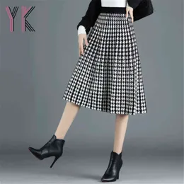 Houndstooth Plaid Elastic High Waist Pläterad Stickning Kjol Höst Vinter Elegant Tjockad Mamma Midi Sukienka Streetwear Saia 211120