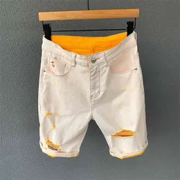 High Quality Fashion Men Color Khaki orange stretch denim Shorts Summer thin Ripped biker Jeans Short Male Bermuda Brand Clothes 210629