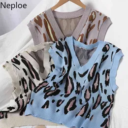 Neple Leopard Print Koreanska Tröjor Väst Kvinnor Söt All-Match Stickade Beskuren Pullovers Coat Loose Ärmlös Tank Toppar 4G538 210422