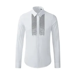 Black And White Rhinestone Hot Stamping On Chest Men Shirt Long Sleeve Slim Chemise homme High-end Male Dress Shirts