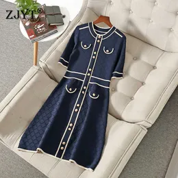 Runway Fashion Spring Summer Short Sleeve Knitting Sweater Dress Color Block Woman Clothes Elegant Office Party Vestidos 210601