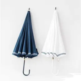 10pcs 16K Elegant Little Fresh Navy Wind Stripe Ultra Light Curved Handle Straight Pole Umbrella Long Handle Umbrellas