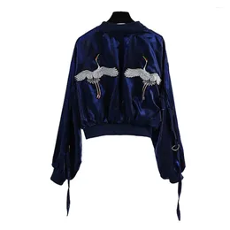 Kvinnor Outwear Bomber Jacket Zipper Pocket Sport Navy Blue Crane Back Appliques Satin C0030 210514