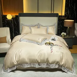 Home Textiles Sheets 4 Piece sets of Pure Plain Color Silk Embroidered Bed Quilt Cover Fitted Sheet