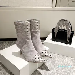 2021 Moda Marka Luksusowe Damskie Boot Half Heel Heel 7.5 cm Spiczasty Palce Mid Calf Botki Damskie Knight Suede Skórzane Designer Buty