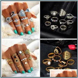 Kluster Ringar Smycken Mode Leaf Stone Arrow Midi Ring Sats Vintage Etnisk Crystal Opal Knuckle För Kvinnor Anillos Mujer 10st / Set Drop Del