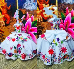 2022 Puffy Morning Glory Kwiat Embroiderd Quinceanera Suknie Dzieci Off Ramię Krótkie Rękawy Księżniczka Kwiat Girl Dress Wedding Party Guest Guest