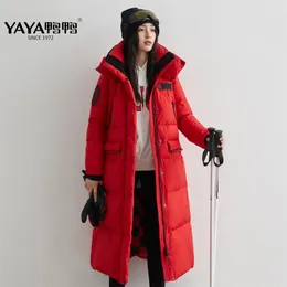 Yaya Women's Winter White Duck Down Jacket Tjock Loose Over-The-Knee Length Warm Down Coat Hooded Vindtät Varm Ytterkläder 211126