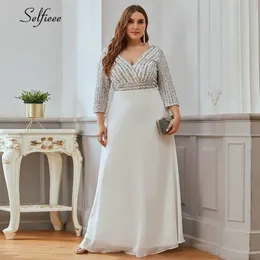 Плюс размер женщин платье A-Line двойной V-образным вырезом С блестением 3/4 рукава Sparkle формальное платье для вечеринок дамы элегантное Maxi платье Vestidos 210323