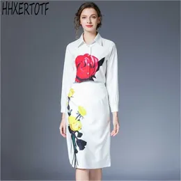 spring fashion elegant women peony print white shirt+ mid-length high waist bag hip skirt two-piece sets 210531