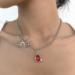 Fashion Punk Spider Halloween Pendants Red Rhinestone Mens Womens Silver Color Clavicle Necklace Y2K Jewelry Gift 2021