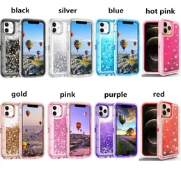 3 i 1 bling flytande telefonfall Glitter Crystal Back Cover Shockside Protector för iPhone 13 Pro max 12 11 x XS XR