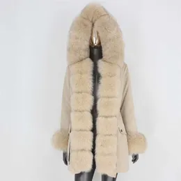 BluenessFair防水パーカー本物の毛皮のコート冬のジャケットの女性自然の毛皮の襟フード厚い暖かいアウターストリートウェア211018