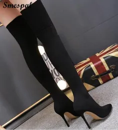 Women 11 CM Heeled Pointed Toe Thigh High Suede Boots In Black