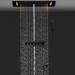 Sistema doccia termostatico a LED a 5 funzioni ad alto flusso, grande colonna a pioggia nascosta, massaggio a cascata, soffione termale, doccia nera