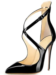 12 cm dünne High Heel Frauenpumpen Schuhe sexy Kreuzgürtel Spitzer Zehenhochzeitsfeier Schuh Patent Leder Stiletto Heels Schwarze Sandalen große Größe 43 44 45