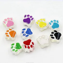 100pcs Silver Plated Enamel Double-sidedP Cat Dog Bear Paw Spacer Big Hole Bead For Jewelry Making Bracelet Necklace DIY Accessories D-106