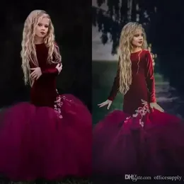 Burgundy Velvet Mermaid Flower Girls Sukienki Aplikacje Wstążki Wzburzyć Ręcznie Made Kids Pagewant Girl Formalne Nosić Długie Rękawy BA8582