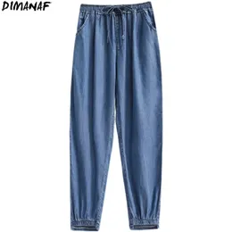 Dimanaf plus size mulheres jeans calças de cintura alta denim harem fêmea elástica elástica bolsos azuis calças grandes s-5xl 210720