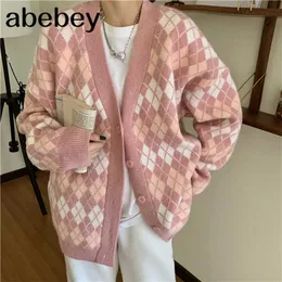 Cardigan maglione vintage a rombi donna maglioni lavorati a maglia rosa gilet sciolto casual plaid senza maniche maglioni donna Kawaii 210715