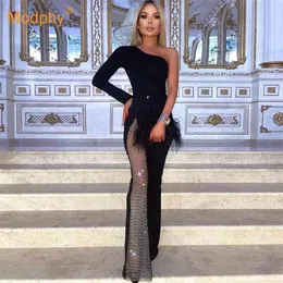 Sexy Black Fishnet Diamond Stitching Jumpsuit Women One-Shoulder Long-Sleeved Bodycon Wide-Leg Evening Party 210527