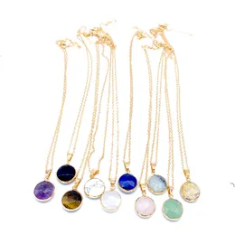 Fashion Faceted Round Chakra Stones Pendant Halsband Reiki Healing Crystal Charms för män Kvinnor Smycken Guld Alloy Chain grossist