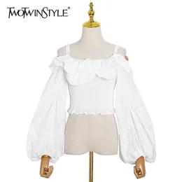 Elegant Patchwork Ruffle Shirt For Women Squre Collar Lantern Sleeve Tunic Chiffon Blouse Female Fashion Style 210524