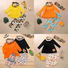 Kids Clothing Sets Girls Halloween Christmas Outfits Children Ruffle Dress Tops+Pumpkin Flowers Pants+scarf 3pcs/set Spring 1775 B3