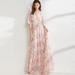 Kvinnors banor klänningar sexig v hals korta ärmar tryckt elegant sommarlånga golvlängd klänning parti prom