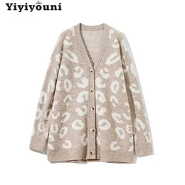 Yiyiyouni höst vinter överdimensionerad leopard tröja cardigan kvinnor casual v-neck stickade tröjor singel breasted jumper 211011