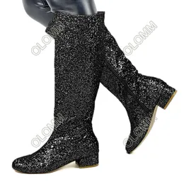 Olomm feita à mão Mulheres de inverno Glitter Knee Boots Unissex Salto grossa redonda de dedão dourado Black Silver Fuchsia Party Shoes Tamanho 5-20