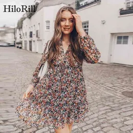 HiloRill Summer Boho Abito con stampa floreale Donna Lanterna Manica lunga Abiti pieghettati Scollo a V Beach Mini abito Donna Roupa Feminina 210325