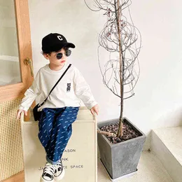 Children's fashion denim cotton pants autumn boys Korean letter straight pants baby versatile trendy trouser 3-146 G1220