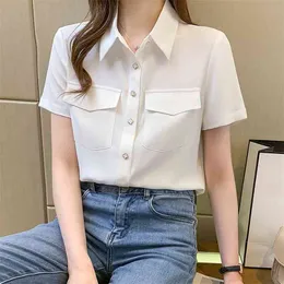 Mode Kvinnor Kortärmad Koreansk stil Blus Solid Färg Casual Ladies T-shirts Dam Toppar 210507